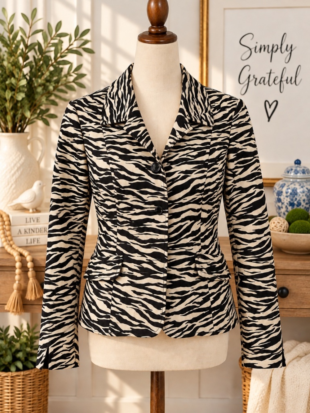 Kasper 8P Black Ivory Zebra Print Blazer Jacket Petite